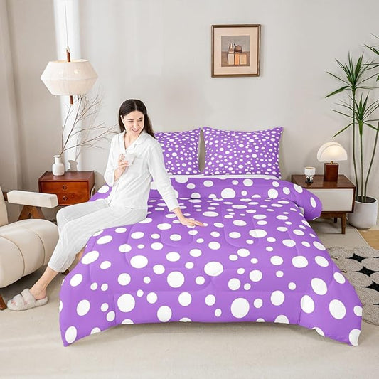 Manfei White Polka Dots Comforter Set Full Size,Purple White Simple Geometric Circles Bedding Set 3 Pcs for Teens Young,French Style Cute Dots Print Comforter,2 Pillowcases