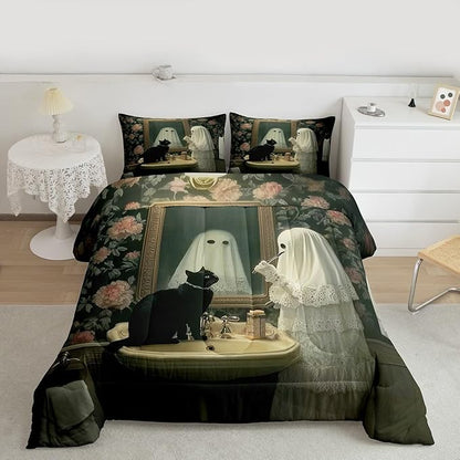 Erosebridal Funny Ghost King Size Comforter Set, Happy Halloween Cute Ghost Bedding Set, Gothic Cat Comforter, Rose Flowers Retro Baroque Boho Floral Quilt with 2 Pillowcases for Bedroom Decor