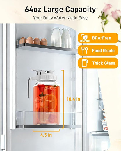 64 oz Glass Pitcher with Lid, Large Wide Mouth Mason Jar with Pour Spout, White Sun Tea Glass Jar for Outside, Breastmilk Pitcher Great for Drink, Cold Beverages and Breast Milk