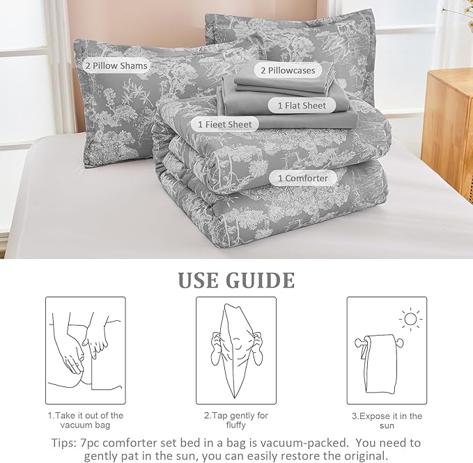 DJY Grey Comforter Set Queen, 7 Pieces Grey Botanical Comforters Queen Size Elegant Plants Print with Sheets Bed in a Bag Soft Microfiber Reversible Complete Bedding Sets for All Season