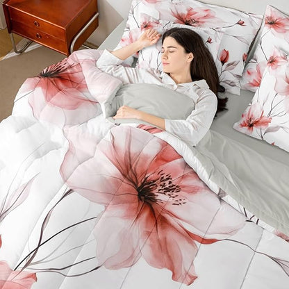 Erosebridal Blush Flower Full 7 Pcs Bedding Set, Bohemian Floral Comforter Set with Sheets, Watercolor Flower Boho Bed Sets for Women Girls Adults, Ink Painting Style Blossom & Leaf Bed in A Bag