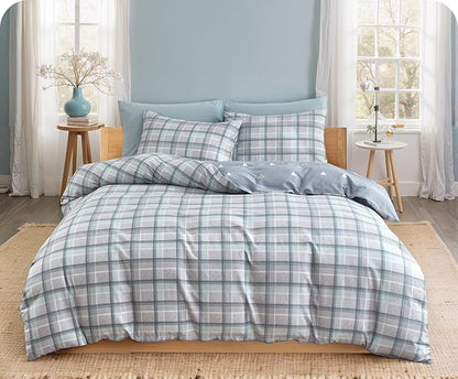 SLEEPBELLA Comforter Queen Size, 600 Thread Count Cotton Reversible Grey Buffalo Pattern Grey Plaid Comforter Sets,Down Alternative Bedding Set 3Pcs (Queen, Grey Plaid)