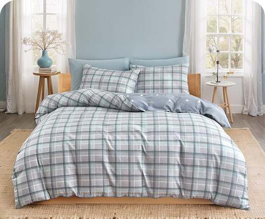 SLEEPBELLA Comforter Queen Size, 600 Thread Count Cotton Reversible Grey Buffalo Pattern Grey Plaid Comforter Sets,Down Alternative Bedding Set 3Pcs (Queen, Grey Plaid)