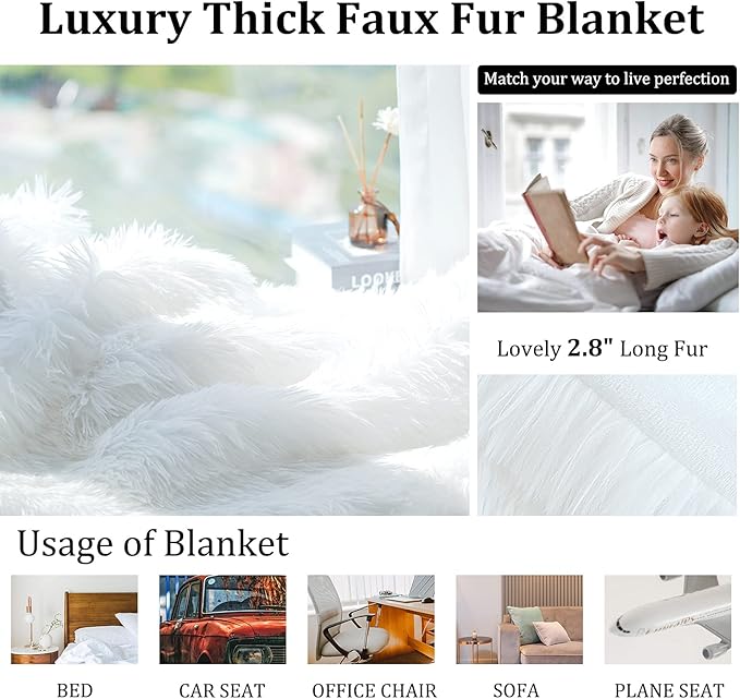 JONIYEAR Extra 2.8" Long Hair Fluffy Faux Fur Throw Blanket 50" x 60", Luxury Soft Decorative Fuzzy Furry Blankets for Couch, Cozy Plush Shaggy Blankets for Sofa Bed,Cute Lovely Blanket for Pet, White