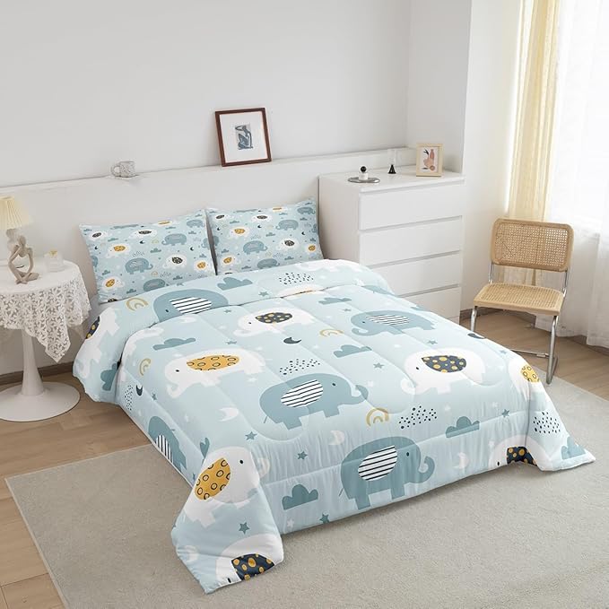 Feelyou Cartoon Elephant Bedding Set for Boys Girls King, Kids Zoo Animal Comforter Set Rainbow Elephant Comforter Wildlife Duvet Set 3Pcs