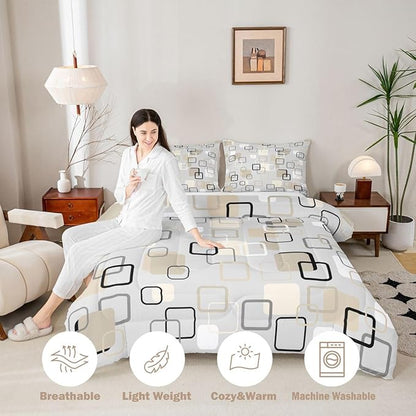 Erosebridal Minimalist Geometric Square Bedding Set King Mid-Century Plaid Comforter Set for Kids Girls Boys Neutral Gray Beige Abstract Down Comforter Modern Checkered Quilt Duvet