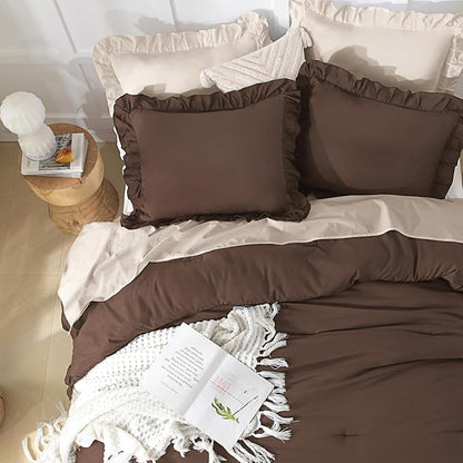 Andency Brown California King Comforter Set, 3 Pieces Shabby Chic Ruffle Solid Cal King Bedding Sets, Oversized All Season Soft Lightweight Down Alternative Bed Set for Adults Men Women