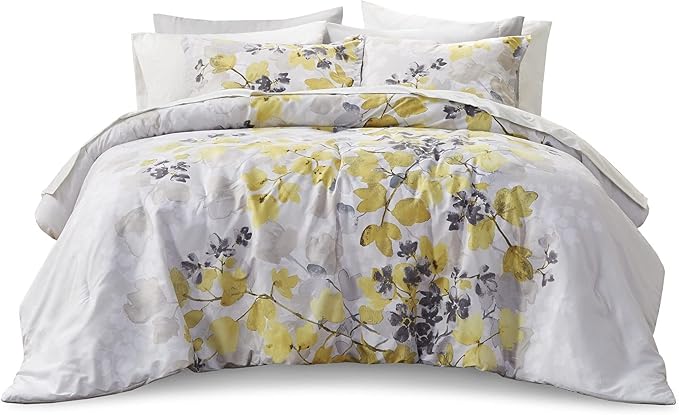 Madison Park Essentials Bed in A Bag - Trendy Casual Design Cozy Comforter with Complete Sheet Set with Side Pocket, All Season Cover, Matching Shams, Queen, Alexis, Leaf Yellow 9 Piece