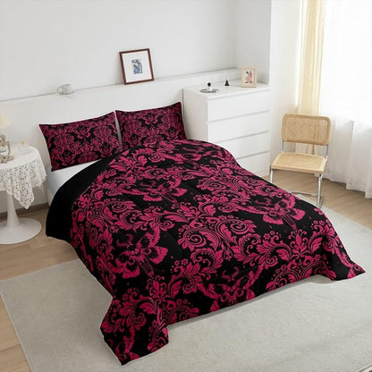Feelyou Adults Pink Vintage Damask Floral Comforter Set Oriental Antique Comforter Twin Size Gothic Bohemia Boho Flower Bedding Set Gothic Skull Duvet Set Quilt Set 2Pcs