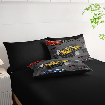 7 Piece Race Car Comforter Set with Sheets Queen Bed，Race Car Queen Bedding Sets for Boys，(1 Comforter, 1 Flat Sheet, 1 Fitted Sheet, 2 Pillowcase and 2 Pillow Sham)