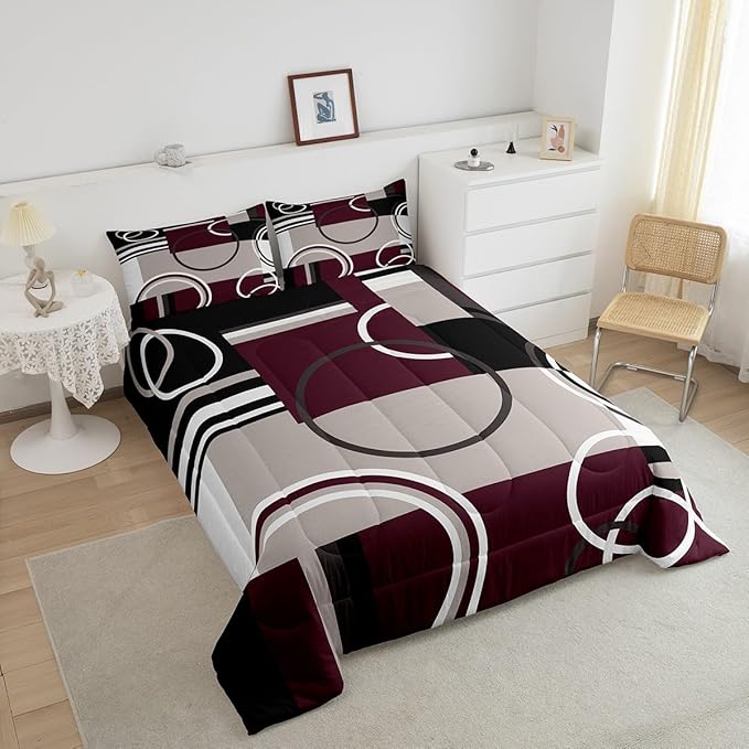Erosebridal Modern Purple Grey Black Stripe Comforter Set Geometric Down Comforter King Size Retro Circle Swirls Bedding Set Bedroom Decor Abstract Texture Color Art Duvet Set for Kids Adult