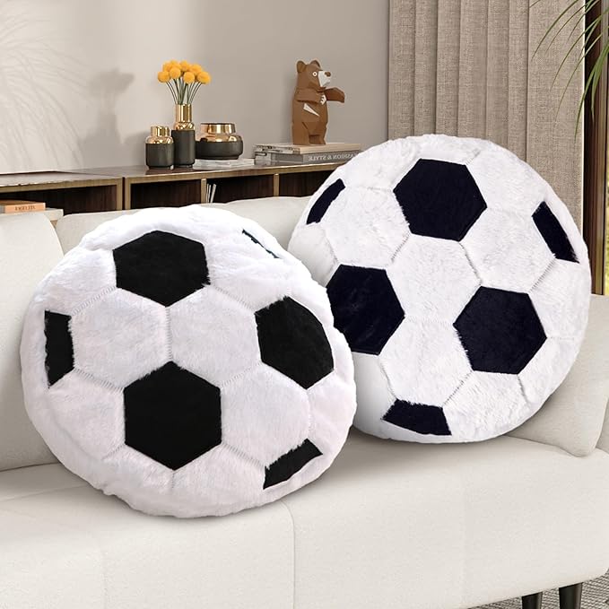 2 Pcs Soccer Pillow, Soft Fluffy Round Cushion Soccer Shaped Throw Pillows, Sports Theme Plush Pillow, Ideal Couch, Bedroom & Soccer Room Decor Valentines Day Gifts (15.8 Inch)