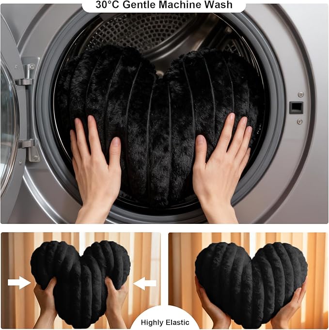 2 Pcs Black Heart Throw Pillows, 16 Inch Soft Fluffy Heart-Shaped Comfort Pillows with Calming Texture, Hug Pressure for Relaxing Moments, Ideal for Sofa, Reading, and Naps (Black)