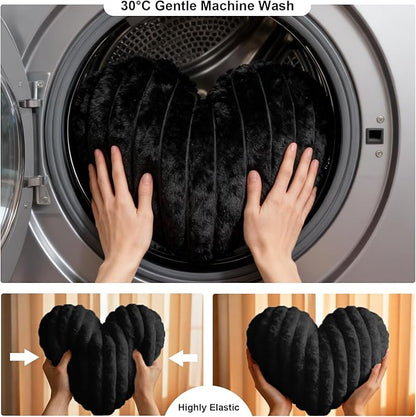 2 Pcs Black Heart Throw Pillows, 16 Inch Soft Fluffy Heart-Shaped Comfort Pillows with Calming Texture, Hug Pressure for Relaxing Moments, Ideal for Sofa, Reading, and Naps (Black)