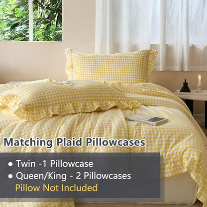 NSNLGSGC Yellow Ruffle Gingham Comforter Set Queen, Pre-Washed Ruffled Plaid Checked Comforter Bedding, 3 Pieces Vintage Farmhouse Grid Bedding Set(Yellow Gingham, Queen)