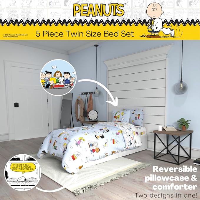 Peanuts Charlie Brown, Snoopy & Gang Bedding, 5 Piece Super Soft Cozy Reversible Comforter and Sheet Set with Sham, Twin, (100% Official Licensed Product) by Franco Collectibles