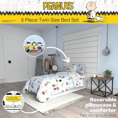 Peanuts Charlie Brown, Snoopy & Gang Bedding, 5 Piece Super Soft Cozy Reversible Comforter and Sheet Set with Sham, Twin, (100% Official Licensed Product) by Franco Collectibles