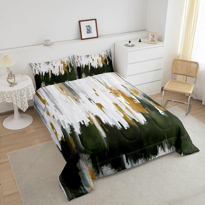 Ombre Watercolor Bedding Set King Olive Green Comforter Set, Brush Strokes Stripe Duvet Insert Contemporary Aesthetic Quilt Sets, Modern Graffiti Oil Painting Bedding Comforters & Sets Microfiber 3pcs