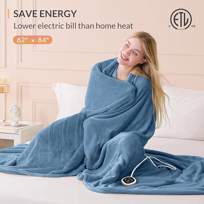 HOMLYNS LuxeHeat Heated Blanket Electric Blanket Twin Size, Soft Flannel Sherpa Heating Blanket with 10 Heat Settings, 1-10 hrs Timer Auto Shut Off (62x84 inches, Blue)