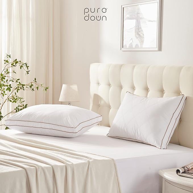 puredown® Goose Feathers and Down Pillow for Sleeping Hotel Collection Bed Pillows, Gusseted, Queen, Set of 2