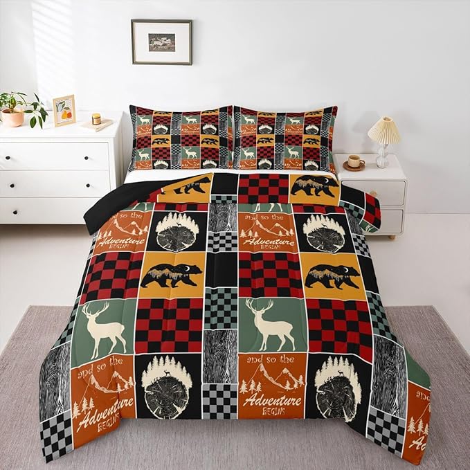 Farmhouse Cabin Bedding Set Full, Bear Deer Forest Comforter Set Wooden Board Country Duvet Insert For Kids Girls Bedroom, Retro Lodge Wild Animal Quilt Rustic Decorations For Home, Red Grey Black