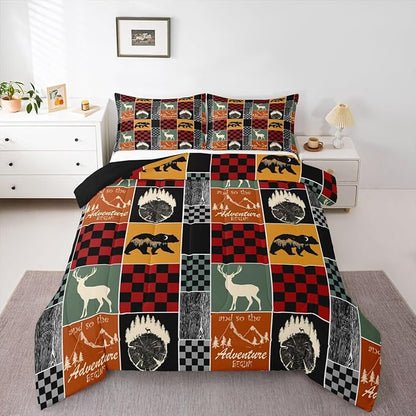 Farmhouse Cabin Bedding Set Full, Bear Deer Forest Comforter Set Wooden Board Country Duvet Insert For Kids Girls Bedroom, Retro Lodge Wild Animal Quilt Rustic Decorations For Home, Red Grey Black