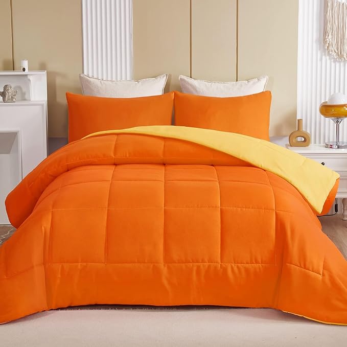 Exclusivo Mezcla Lightweight Reversible King Size Comforter Set, Down Alternative Comforter with 2 Pillow Sham, King Size Bedding Set for All Seasons, Orange/Yellow