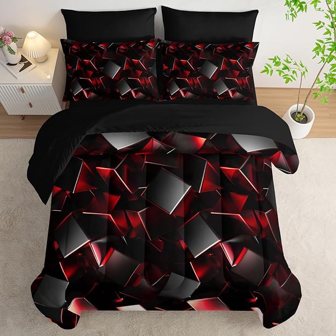 Red and Black Geometric Comforter Set Queen Size 7PCS,Abstract Triangular Printed Bedding Set for Adults,Geometric Mordern Art Decor All Seasons with Pillowcases,Flat, Fitted Sheet