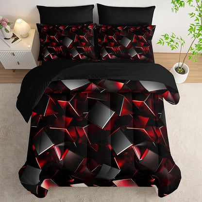 Red and Black Geometric Comforter Set King Size 7PCS,Abstract Triangular Printed Bedding Set for Adults,Geometric Mordern Art Decor All Seasons with Pillowcases,Flat, Fitted Sheet