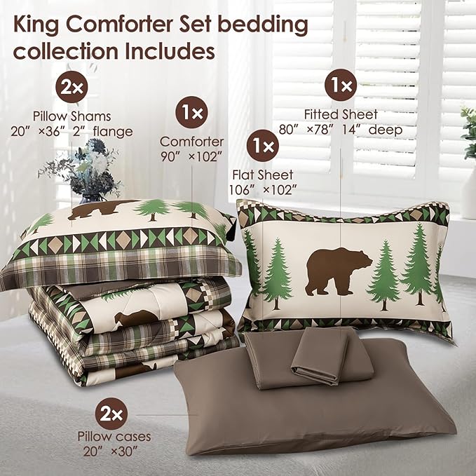 Comforter Set King Size Rustic Bear Comforter Bedding-7 Piece Bed in a Bag, Soft Fluffy Reversible Microfiber Bedding Set(1 Comforter,1 Flat Sheet,1 Fitted Sheet,2 Pillowcases,2 Pillow Shams),Green