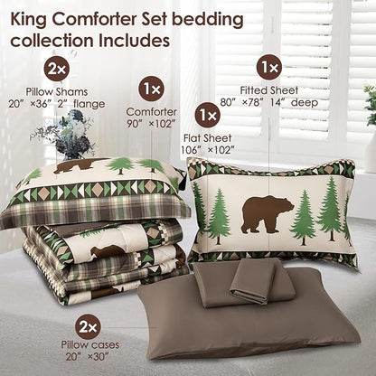 Comforter Set King Size Rustic Bear Comforter Bedding-7 Piece Bed in a Bag, Soft Fluffy Reversible Microfiber Bedding Set(1 Comforter,1 Flat Sheet,1 Fitted Sheet,2 Pillowcases,2 Pillow Shams),Green