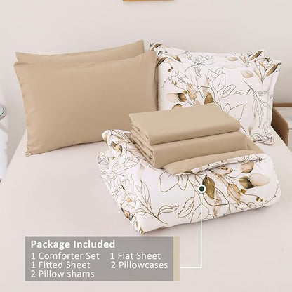 WONGS BEDDING Brown Comforter Set Queen, 7 Pieces Botanical Bed in a Bag Golden Leaves Bedding Set Soft Microfiber Queen (1 Comforter,2 Pillowcase,2 Pillow Shams,1 Flat Sheet,1 Fitted Sheet)