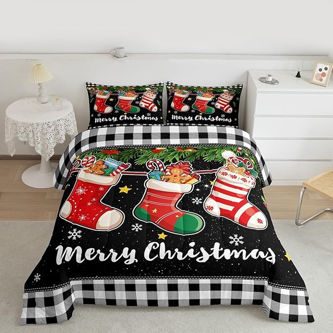 Merry Christmas Comforter Set King Size,Cartoon Christmas Stocking Bedding Set 3Pcs,Vintage Black White Check Quilt Set for Kids Girls Boys Room Decor Xmas Tree Duvet Insert,2 Pillowcases