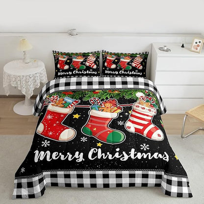 Merry Christmas Comforter Set Queen Size,Cartoon Christmas Stocking Bedding Set 3Pcs,Vintage Black White Check Quilt Set for Kids Girls Boys Room Decor Xmas Tree Duvet Insert,2 Pillowcases