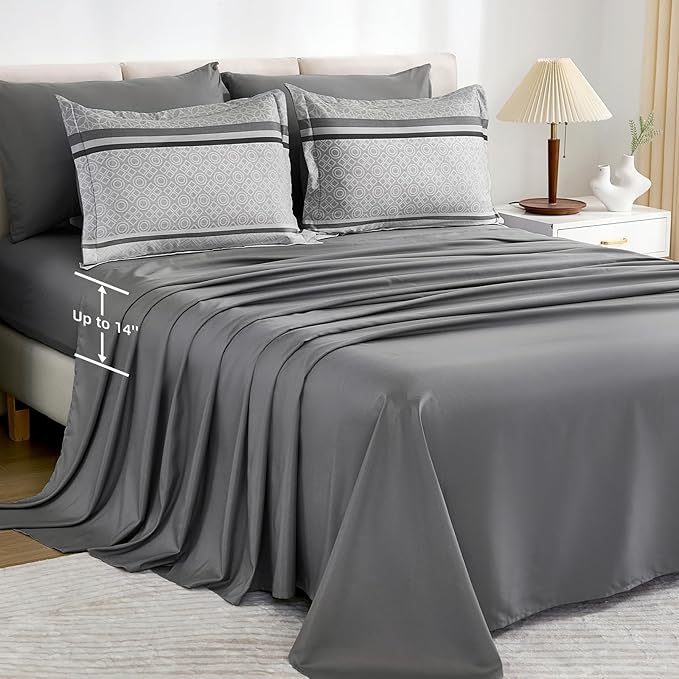 WONGS BEDDING Grey Comforter Set Queen Size, 7 Pieces Striped Bed in a Bag Comforter and Sheet Set, Bohemian Soft Lightweight Micorfiber Bedding Set for All Seaon (90"×90")