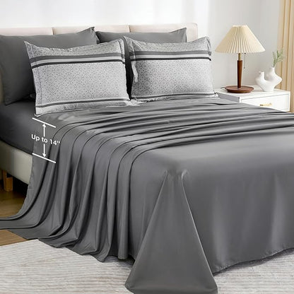 WONGS BEDDING Grey Comforter Set Queen Size, 7 Pieces Striped Bed in a Bag Comforter and Sheet Set, Bohemian Soft Lightweight Micorfiber Bedding Set for All Seaon (90"×90")