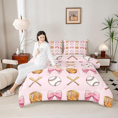 Castle Fairy Bow Baseball Bedding Sets Full Size,Baseball Bat Gloves Comforter Set 3Pcs for Kids Girls Boys Women Room Decor,Girl Sports Games Quilted Duvet Kawaii Pink Down Comforter,2 Pillowcases