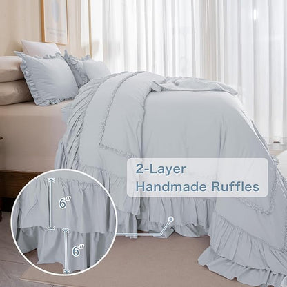 Masaca Oversized King Comforter 120x120,3 Pieces Farmhouse Ruffle Bedding Comforter,Light Blue Oversized Shabby Boho Chic Cal King Ruffled Bed Comforter Lightweight and Soft