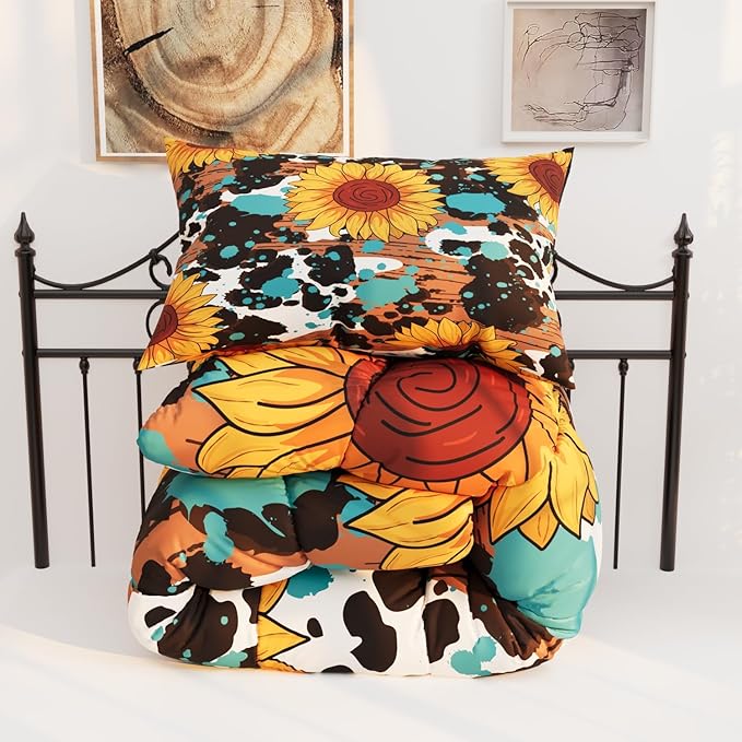 Sunflower Comforter Set, 3D Black Cow Theme Pattern for Kids Teens Adults,Decorative Bedding Comforter Sets with 2 Pillow Shams, King Size