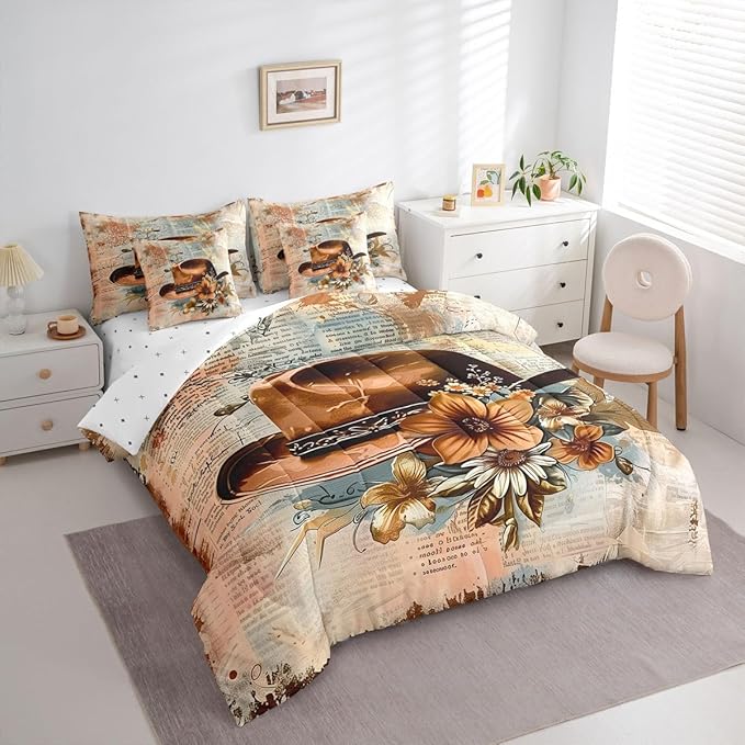 Erosebridal Western Cowboy 7 Piece Comforter Set Twin | Country Western Hats Bed in A Bag Hippie Blooming Floral Sheet Set Reversible American Wild West Fitted Sheet Breathable Lightweight
