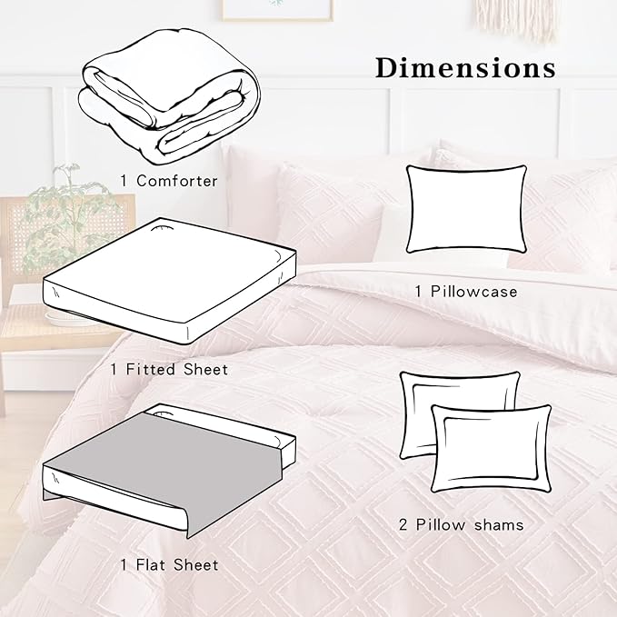 6 Pieces Tufted Bed in a Bag Twin Comforter Set with Sheets Blush Pink, Soft and Embroidery Shabby Chic Boho Bohemian, Luxury Solid with Diamond Pattern, Jacquard Tufts Bedding Set for Kids Girls