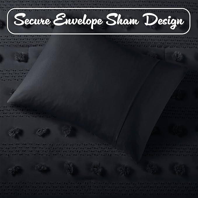 Intelligent Design Queen Comforter Set, Clipped Jacquard Comforter Set Chic Pompom Accent, All Seasons Lightweight & Fluffy Comforter Bed Set with 2 Shams, Lucy, Full/Queen, Black 3 Piece