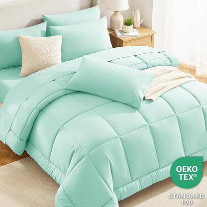 CozyLux Queen Comforter Set Mint Green, 7 Pieces Bed in a Bag, Green Comforter Queen Size, All Season Bedding Sets with Stitch Quilted Comforter, Flat Sheet, Fitted Sheet, Pillowcases