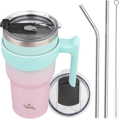 30 oz Tumbler with Handle and 2 Straw 2 Lid, Insulated Water Bottle Stainless Steel Vacuum Cup Reusable Travel Mug,Gum