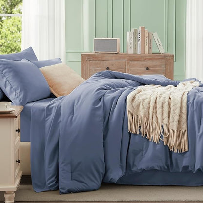 Anluoer Grayish Blue King Comforter Set 7 Pieces, Bed in a Bag with Sheets, All Season Bedding Sets with 1 Comforter, 2 Pillow Shams, 2 Pillowcases, 1 Flat Sheet, 1 Fitted Sheet