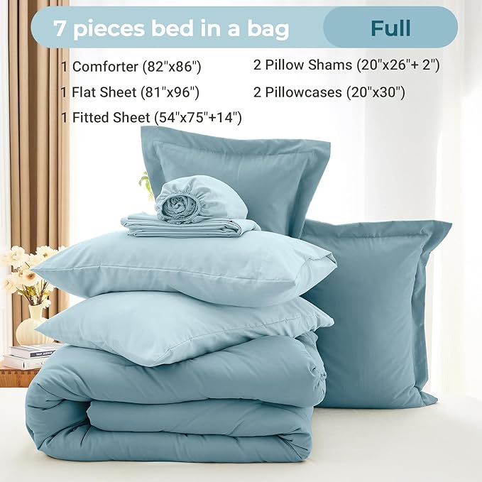 MUXHOMO 7 Pieces Full Comforter Set, Soft Bed in a Bag Full Size, All Season Bedding Set with Comforter, Flat Sheet, Fitted Sheet, Pillowcases & Shams, Mineral Blue & Light Blue
