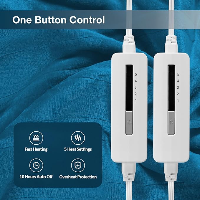Electric Heated Blanket Queen Size 84"x90", Soft Plush Microplush for Bed, Dual Controllers & Heating Zones, 10Hs Auto Off & 5 Heating Levels, Machine Washable, Gifts for Family-Blue Green