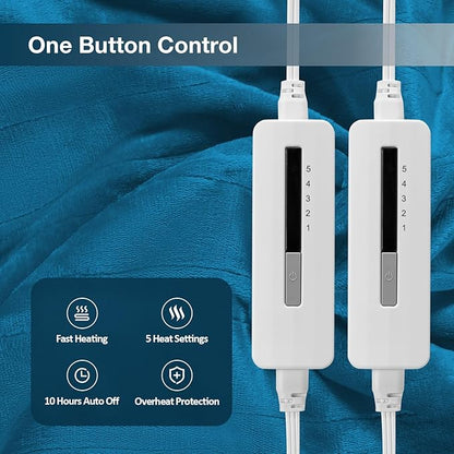 Electric Heated Blanket Queen Size 84"x90", Soft Plush Microplush for Bed, Dual Controllers & Heating Zones, 10Hs Auto Off & 5 Heating Levels, Machine Washable, Gifts for Family-Blue Green