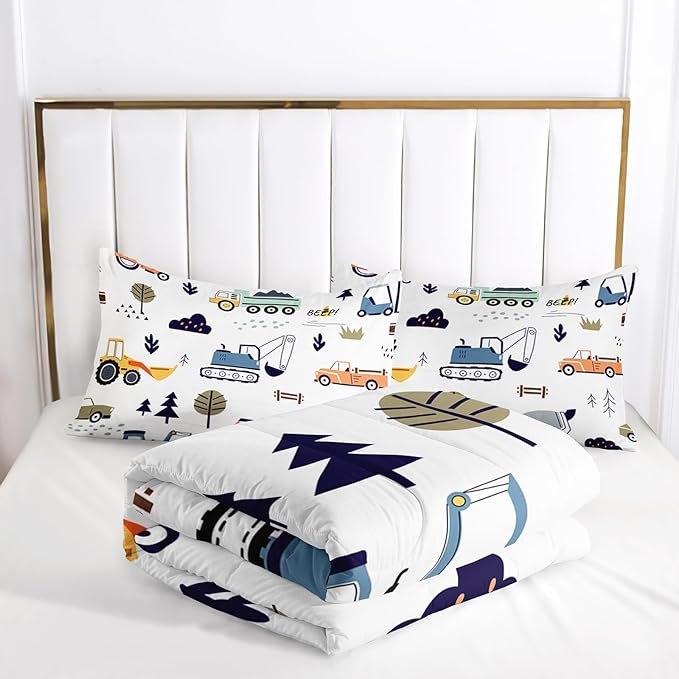Cartoon Car Comforter Sets Twin Size，Bedding Sets for Kids,Construction Excavator Comforter Sets All Season 1 Comforter and 2 Pillowcases