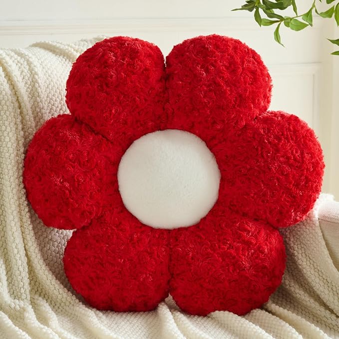 Flower Pillows, Decorative Throw Pillow with Soft Plush for Couch, Flower Shaped Pillow Home Decor Daisy Pillow for Bed (Red, 14.9 Inches)